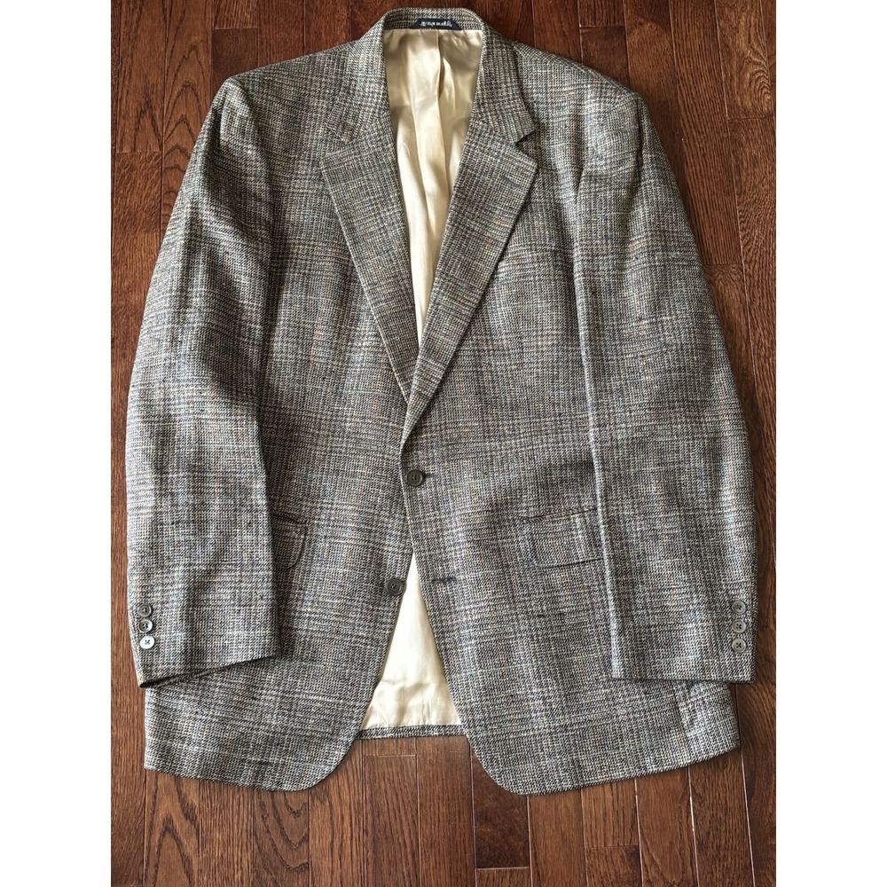 Vintage Burberrys Sport Coat Mens 44L Gray Glen Plaid 100% Silk Oak Hall